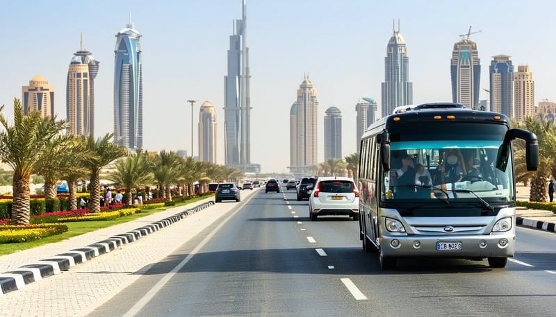 Scenic road in Dubai with tour vehicles and travellers Scenic road in Dubai with tour vehicles and travellers